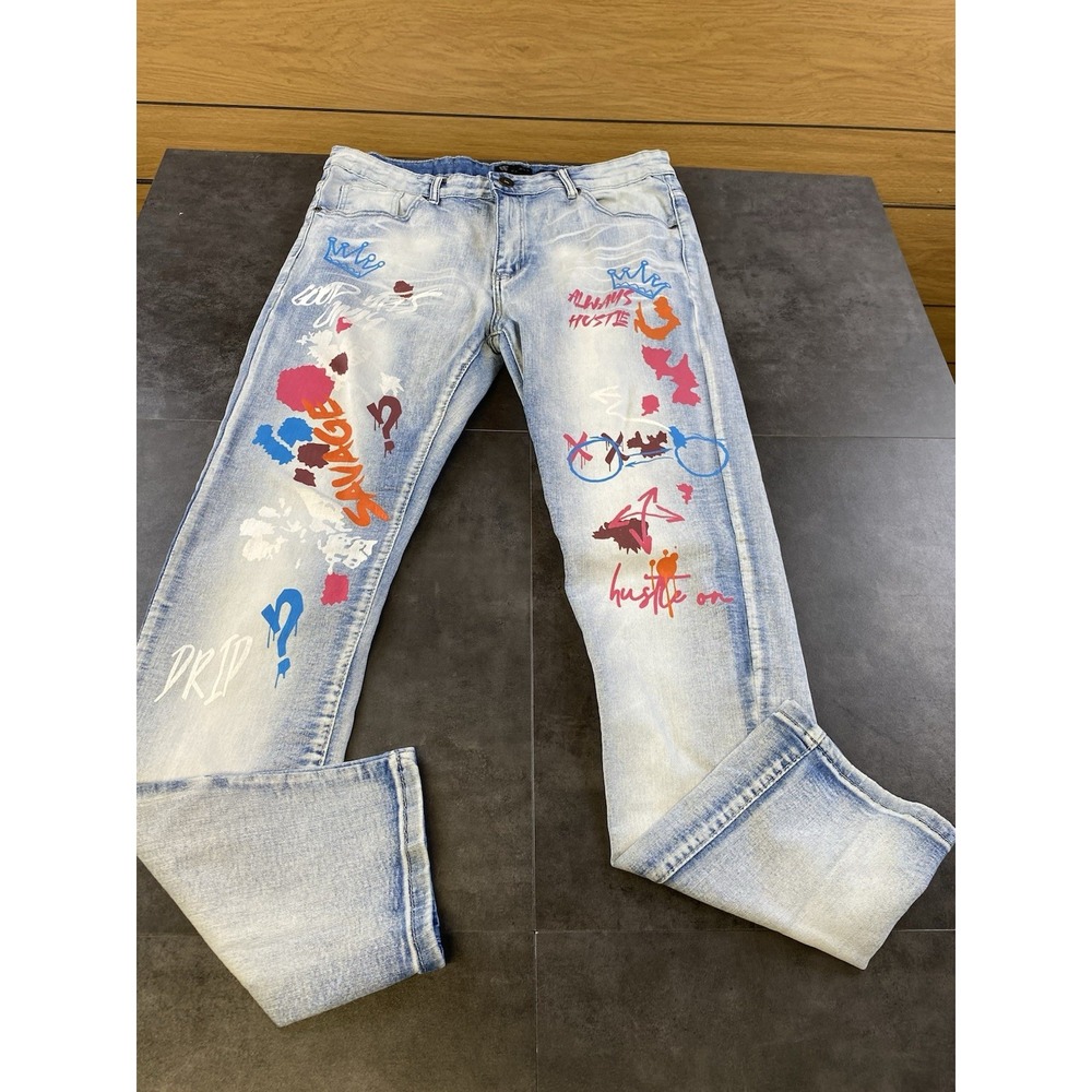 Waimea Men's Urban‎ Streetwear Graphic Painted Skinny Jeans Size 36x32